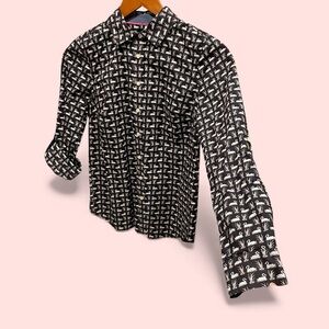 Cute Talbots black white swans button front roll sleeve cotton blend blouse